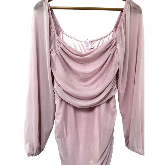 Womens Light Pink Ruched Long Sleeve Midi Dress With Draped Neckline Size Large - Picture 2 of 8